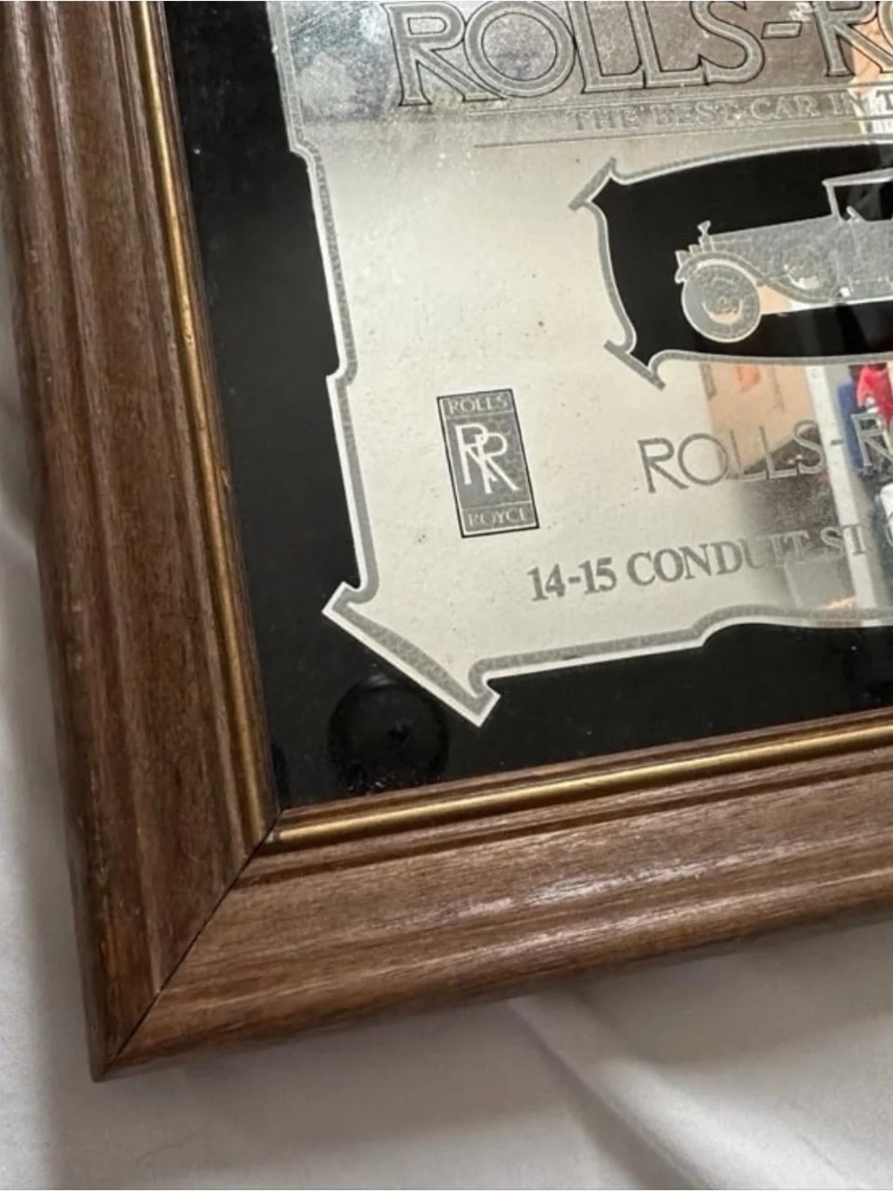 Vintage Rolls-Royce Silver Collectible Wall mirror Plaque in Brown Frame